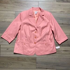 Dress Barn Womens 3/4 Sleeve Lined Three Button Blazer Jacket 18W Coral Pink